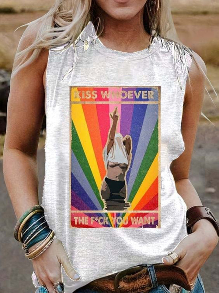 Rainbow Girl Text Element Printed Sleeveless Tank Top