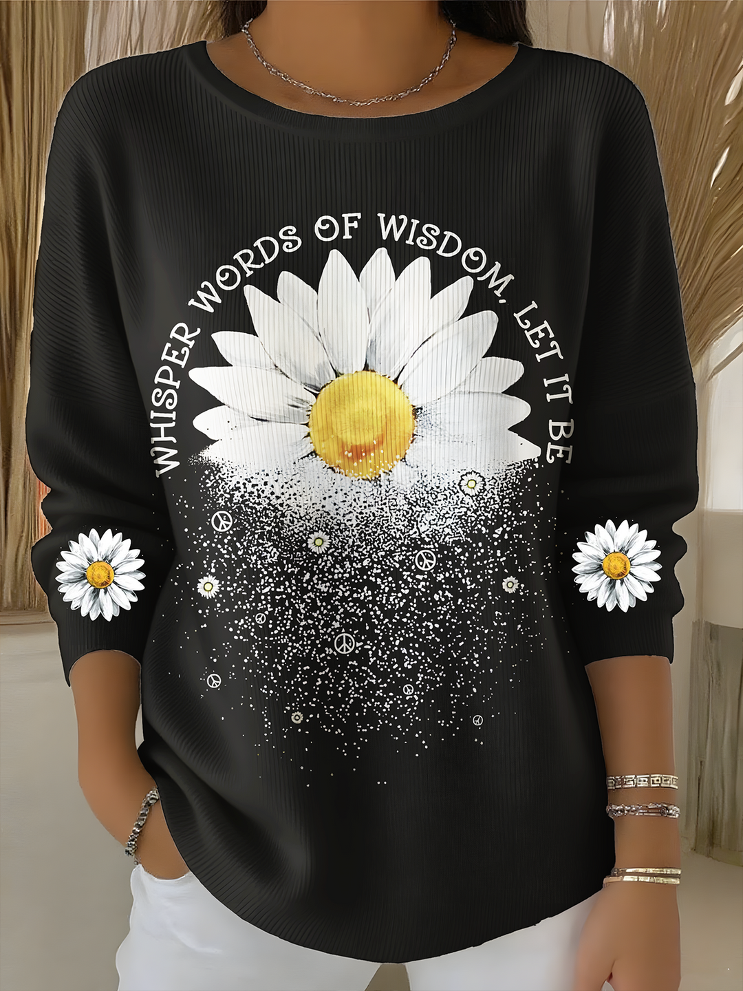 Whispers Of Wisdom Let It Be Daisy Print Casual Crew Neck Pullover Sweater