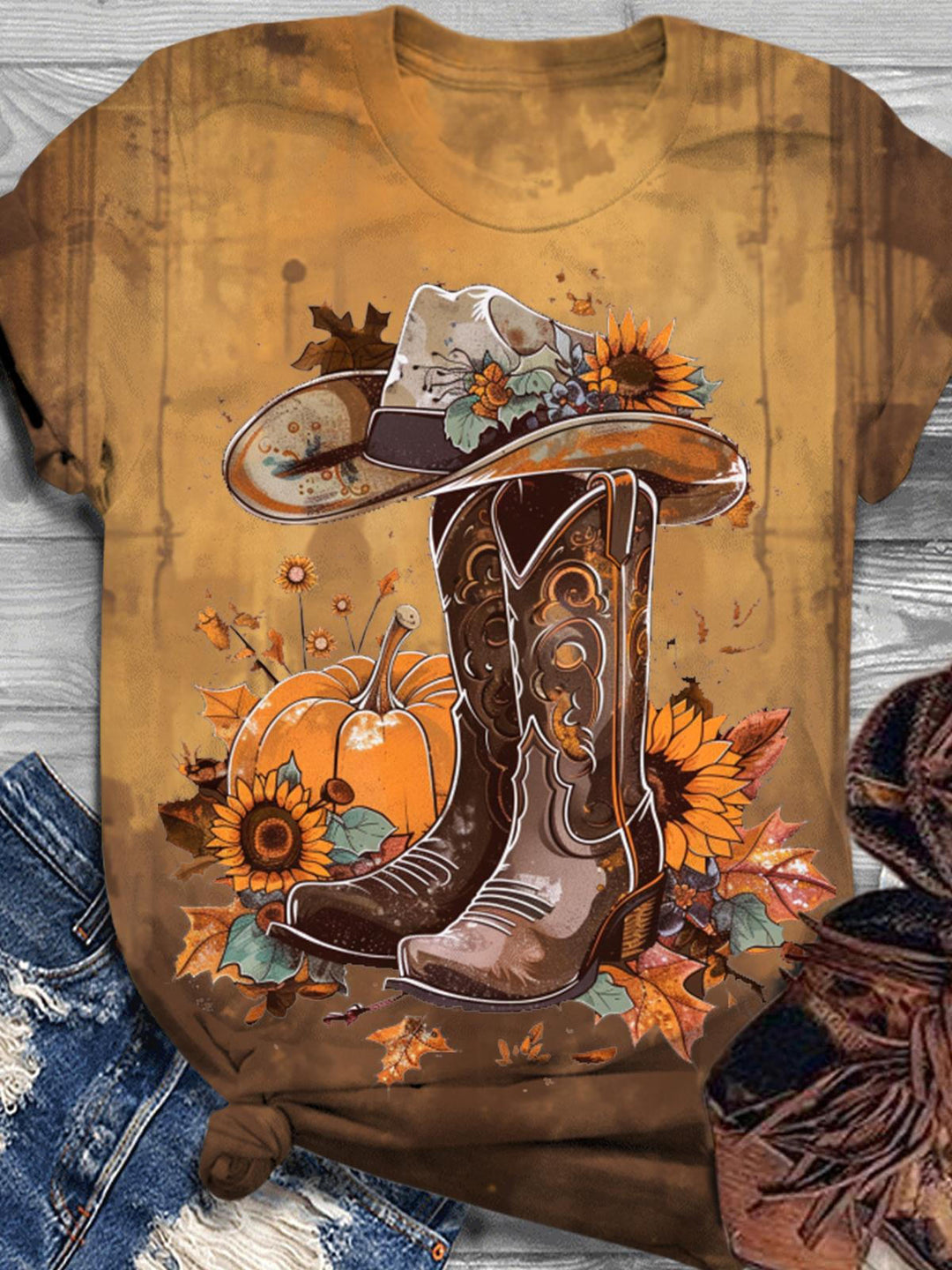 Western Fall Pumpkin Vintage Print Crew Neck T-shirt