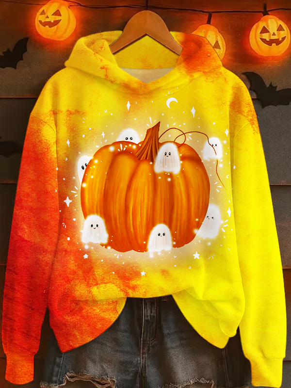 Fall Ghost Pumpkin Long Sleeve Printed Hoodie
