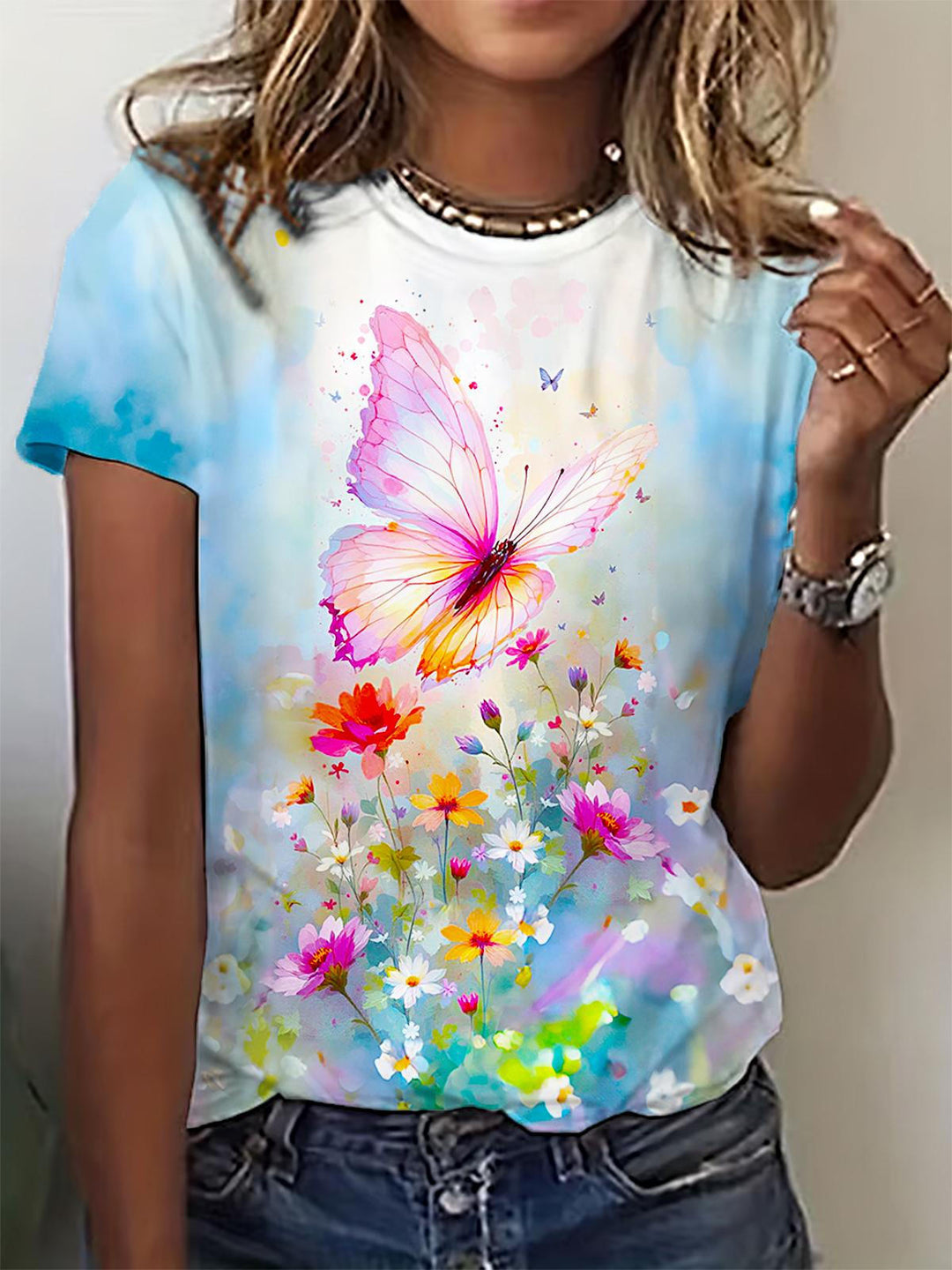 Fantasy Butterfly Print Crew Neck T-shirt