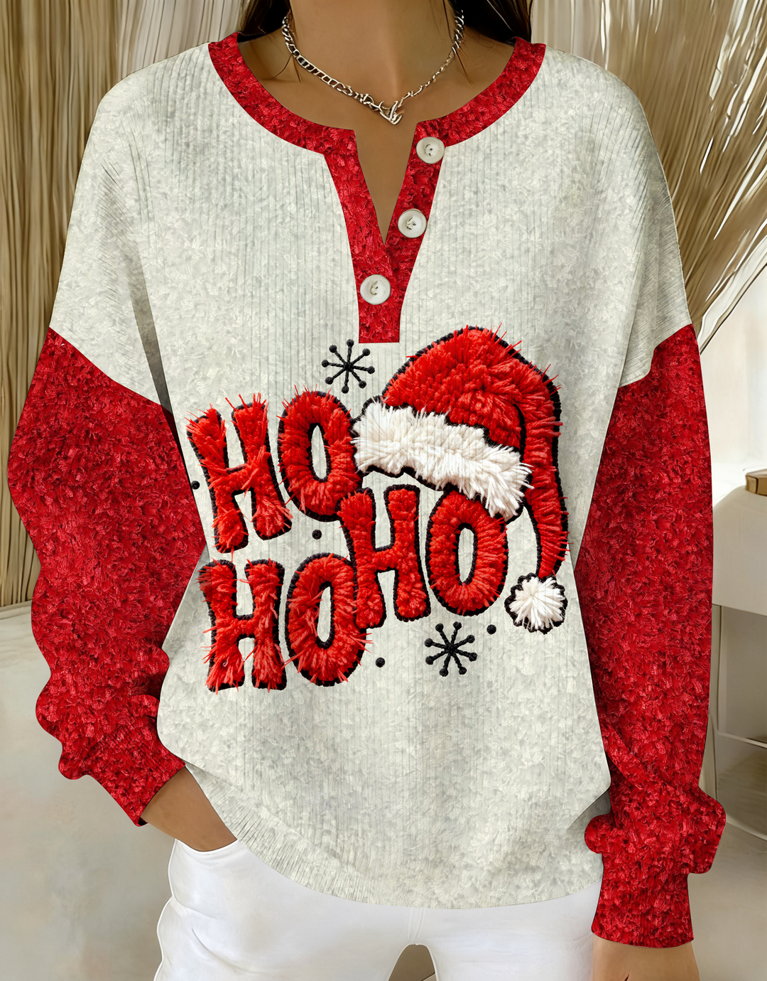 Ho Ho Ho Faux Yarn Santa Hat Knitted Button Long-Sleeved Top