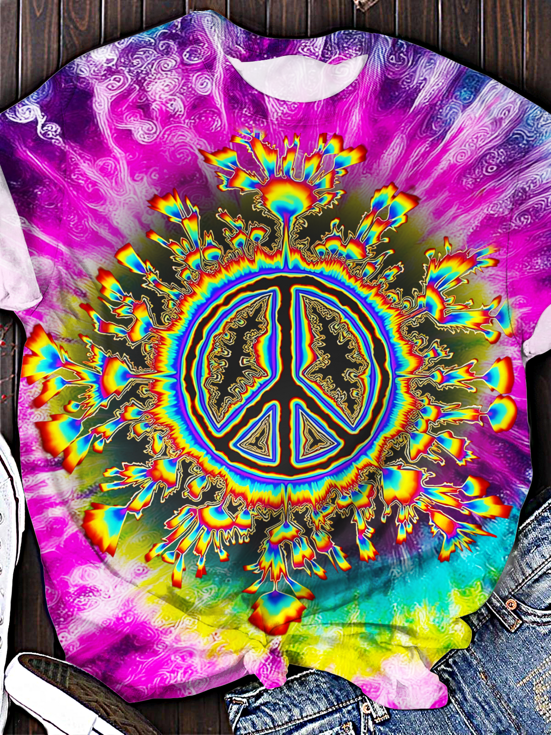 Tie-dye Retro Colorful Peace Hippie Crew Neck T-shirt