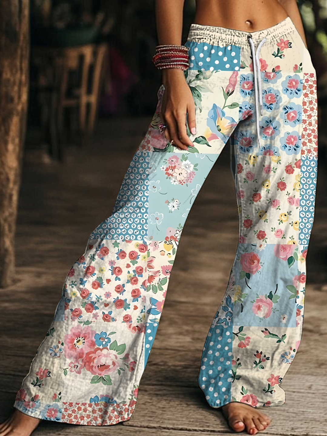 Vintage Bohemian Collage Art Women's Drawstring Wide-Leg Pants