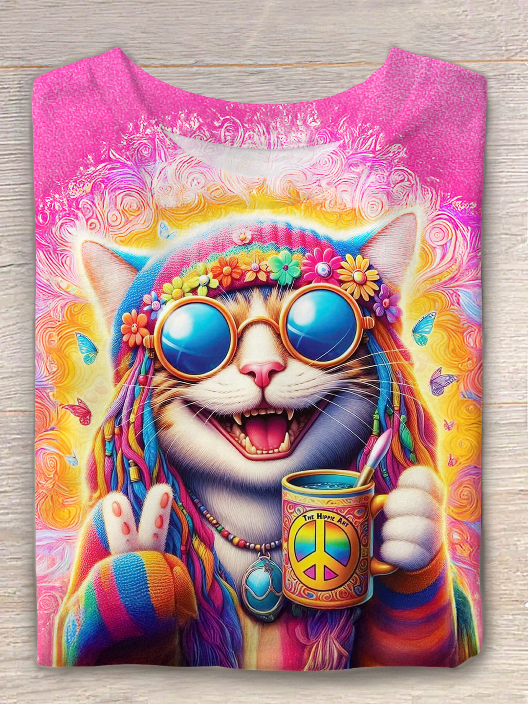 Colorful Hippie Peace Cat Art Crew Neck T-shirt
