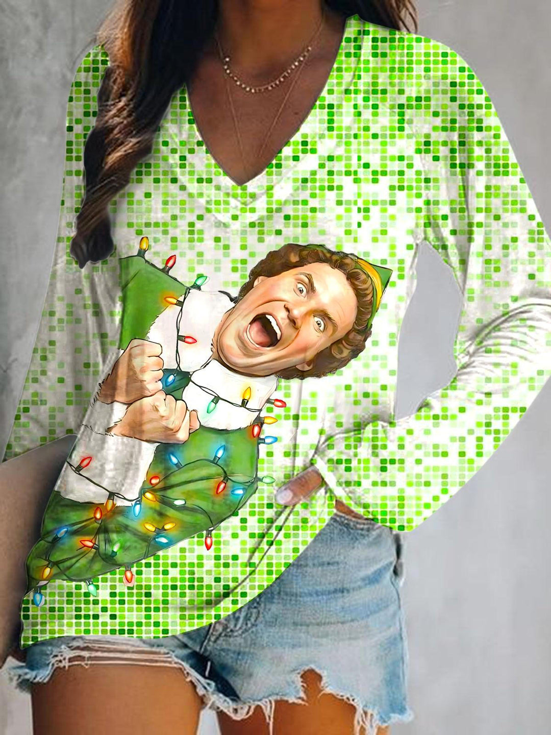 Christmas Fun Print V-Neck Long Sleeve Top