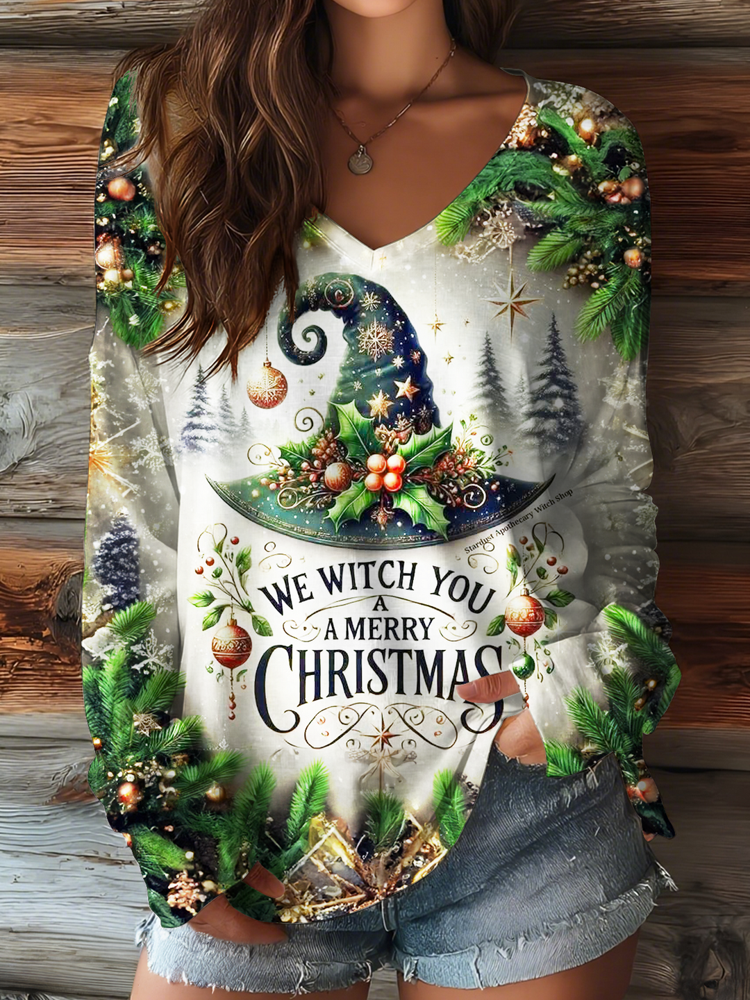 We Witch You A Merry Christmas V-neck Long Sleeve Top