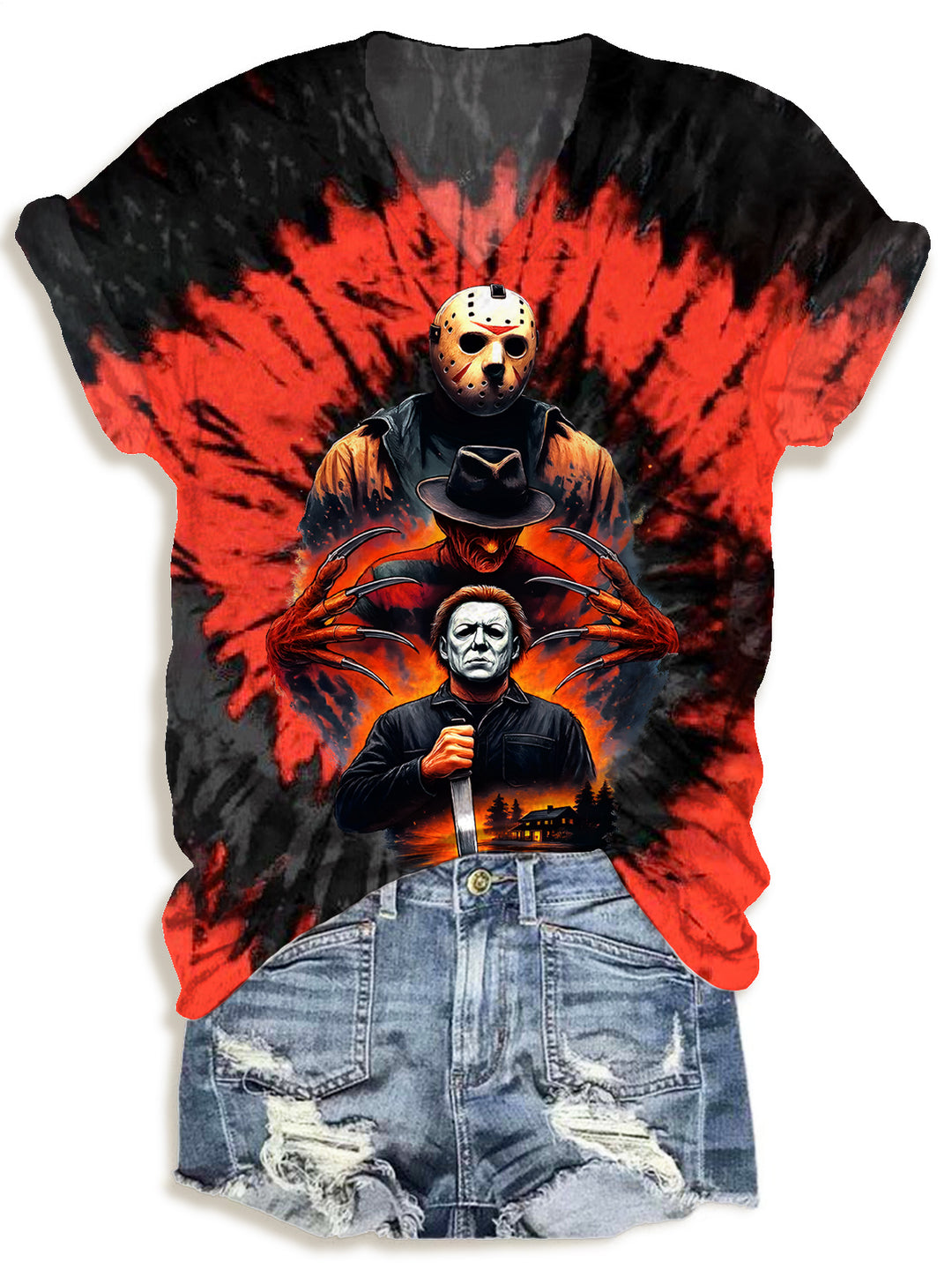 Halloween Horror Print V-neck T-Shirt