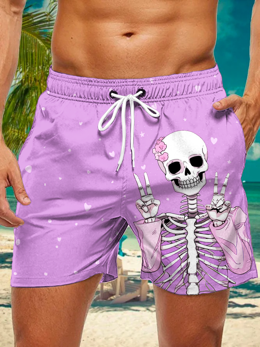 Men's Fun Hippie Skull Art Print Pocket Shorts