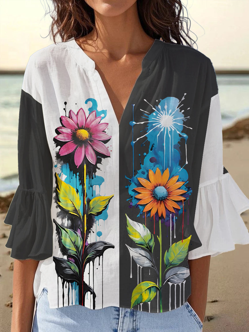 Minimalist Hippie Flower V-Neck Lace T-shirt