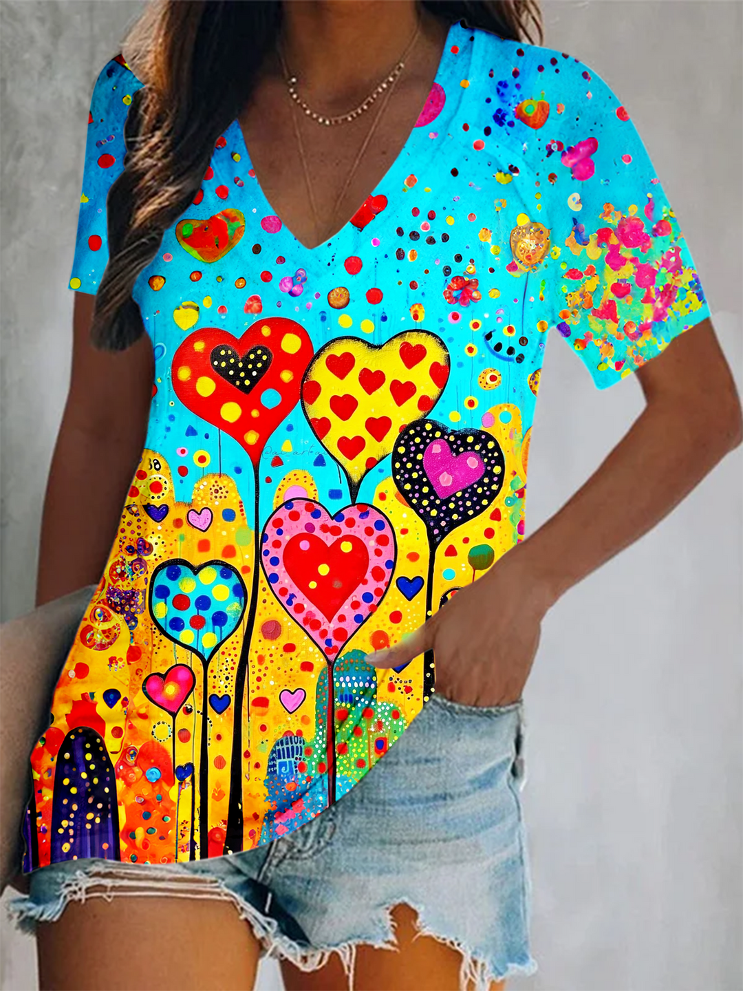 Colorful Hippie Hand Drawn Love Heart Art Short Sleeve V Neck Print Top