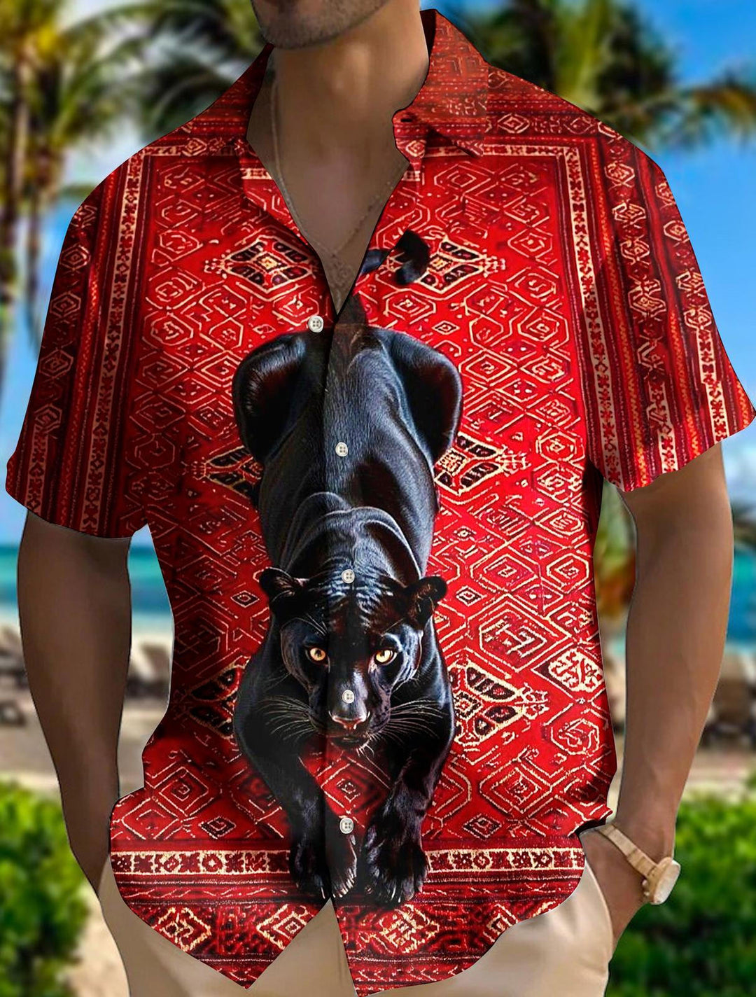 Men's Vintage Black Panther Print Short Sleeve Shirts