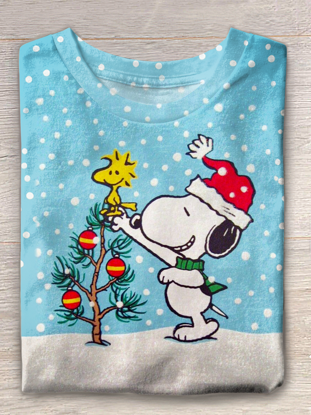 Fun Snow Scene Christmas Tree Snoopy Crew Neck T-shirt