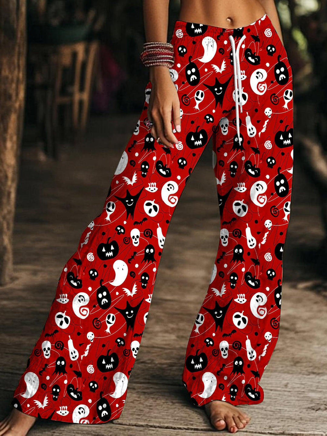 Women's Halloween Ghost Drawstring Wide-Leg Pants