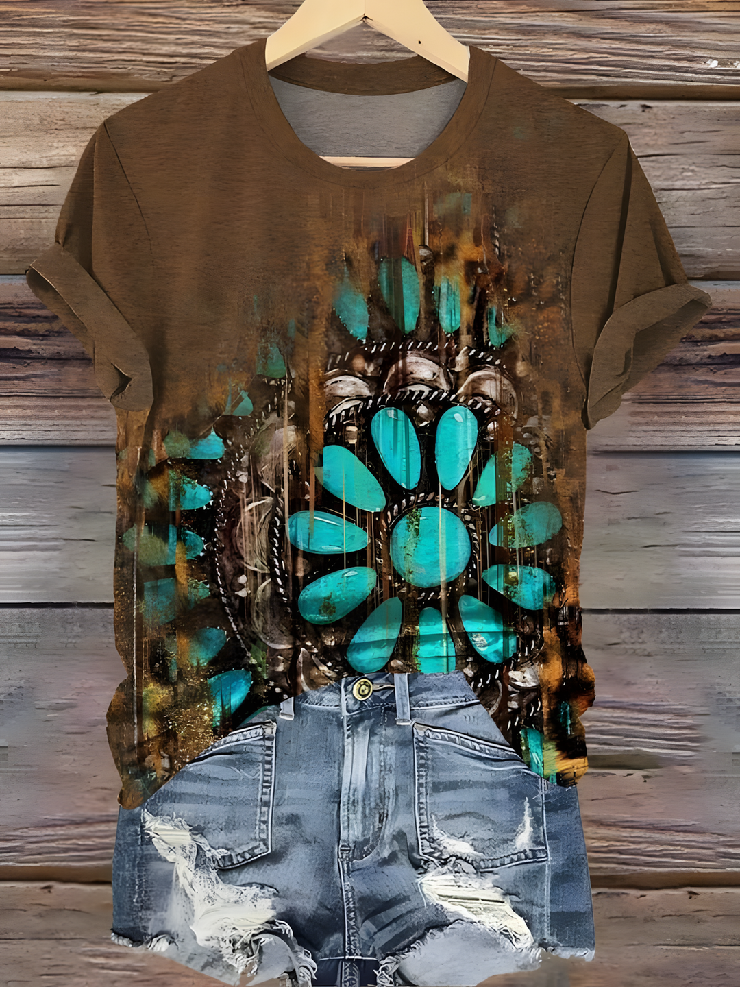 Vintage Turquoise Textured Crew Neck T-shirt