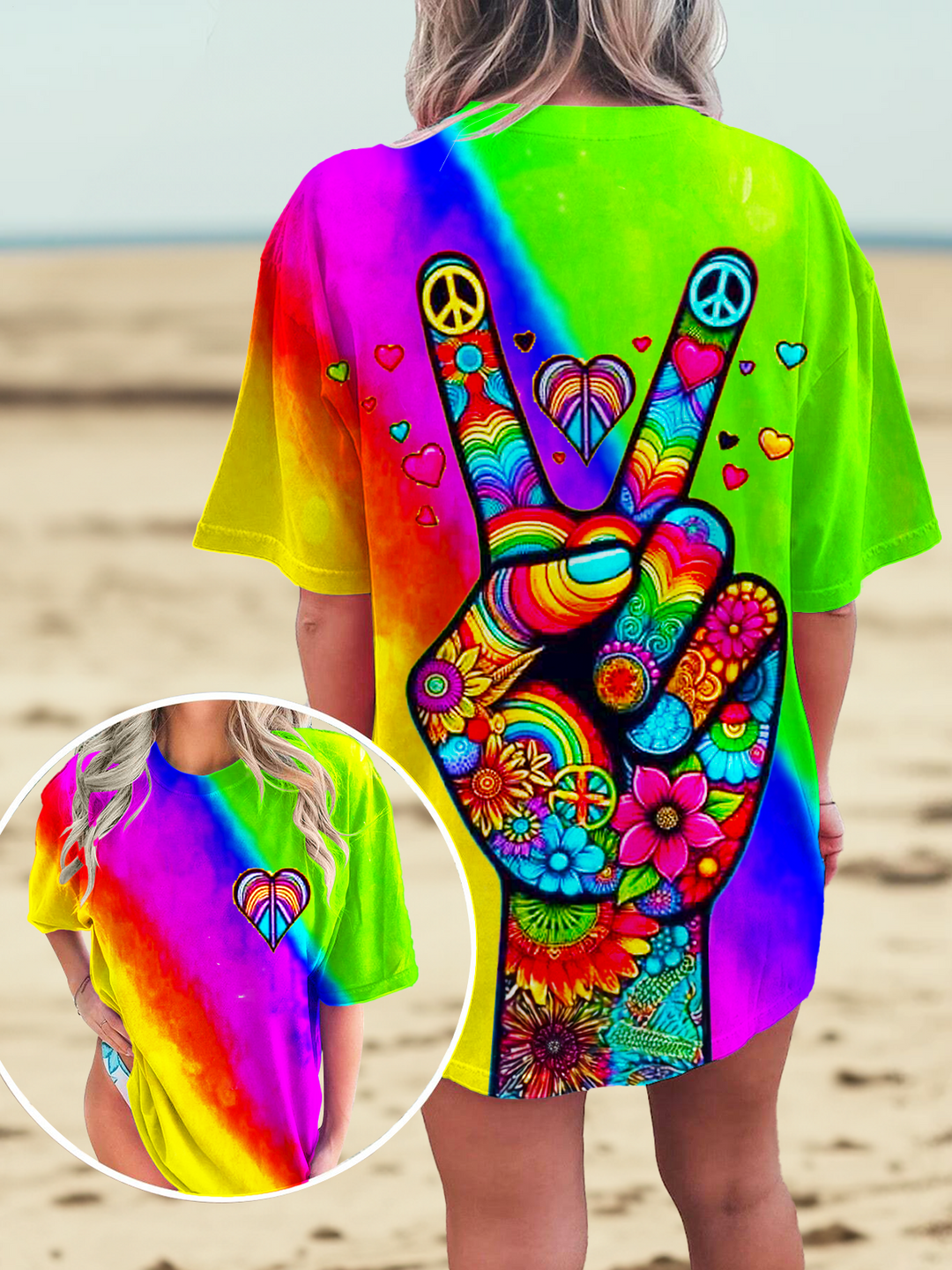 Colorful Retro Hippie Peace Hands Crew Neck T-shirt