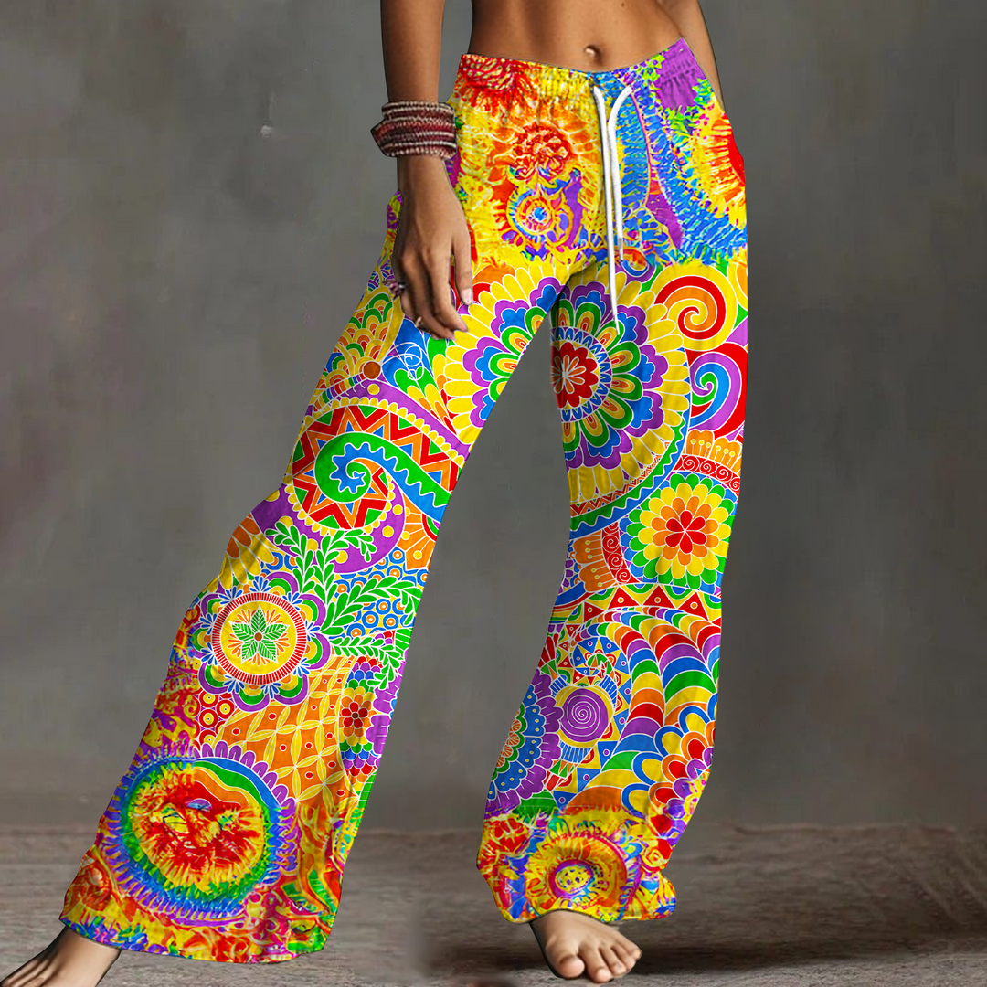Women's Happy Hippy Psychedelic Rainbow Design Drawstring Wide-Leg Pants
