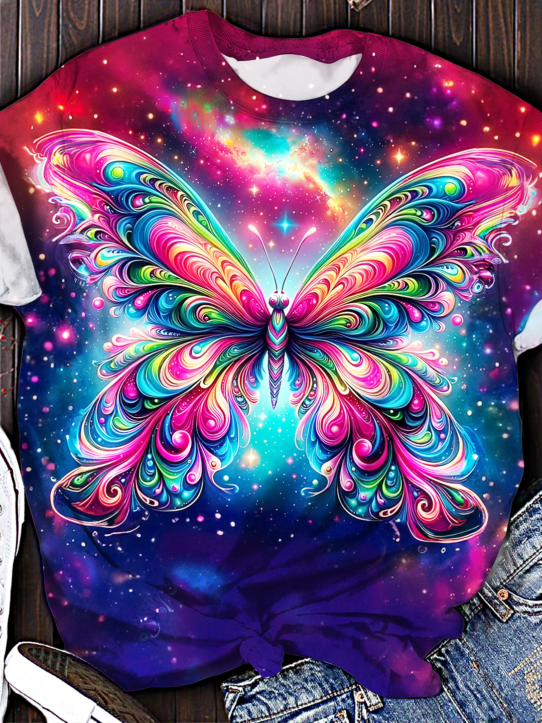 Spring Blooming Flowers With Colorful Butterflies Crew Neck T-shirt