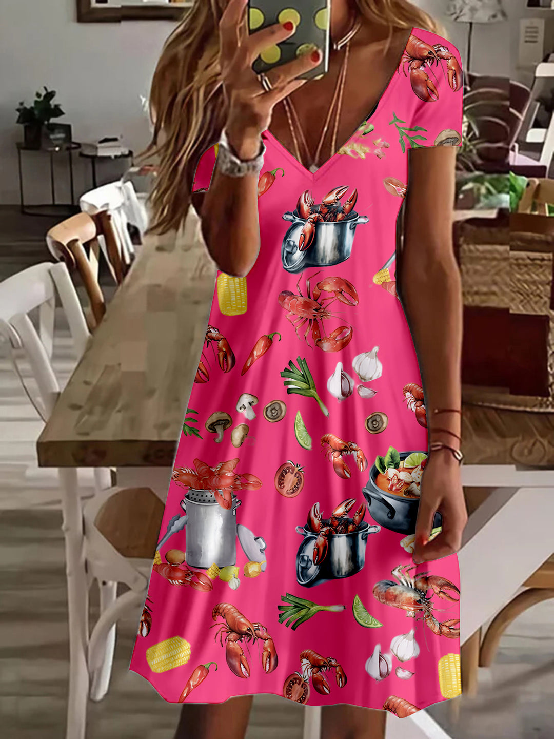 Fun Crawfish Boil Party Print V Neck Short Sleeve Dress