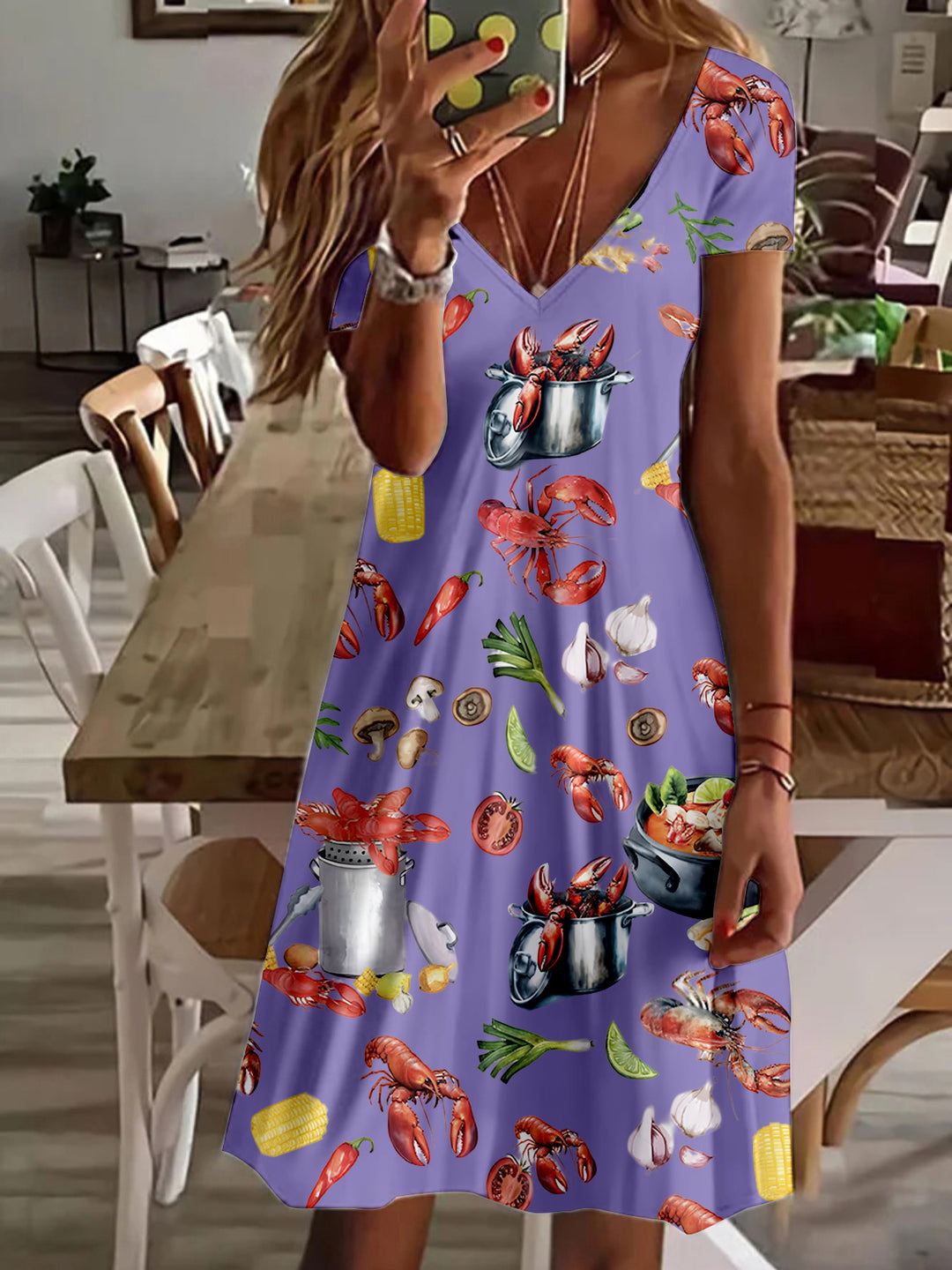 Fun Crawfish Boil Party Print V Neck Short Sleeve Dress
