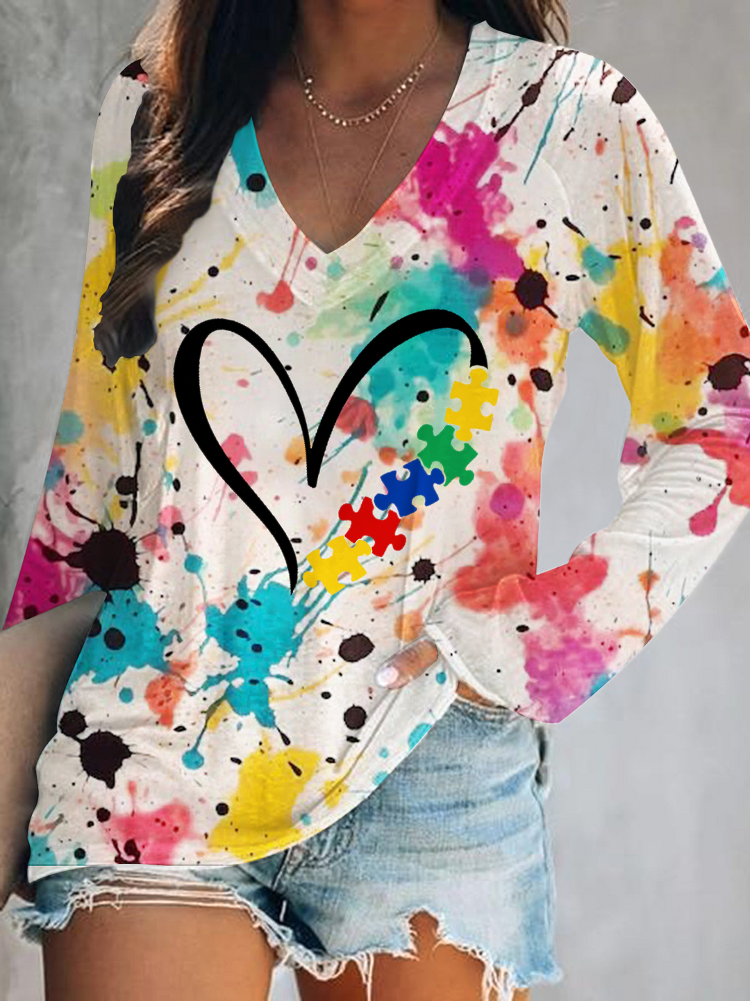 Autism Heart Print V-Neck Long Sleeve Top