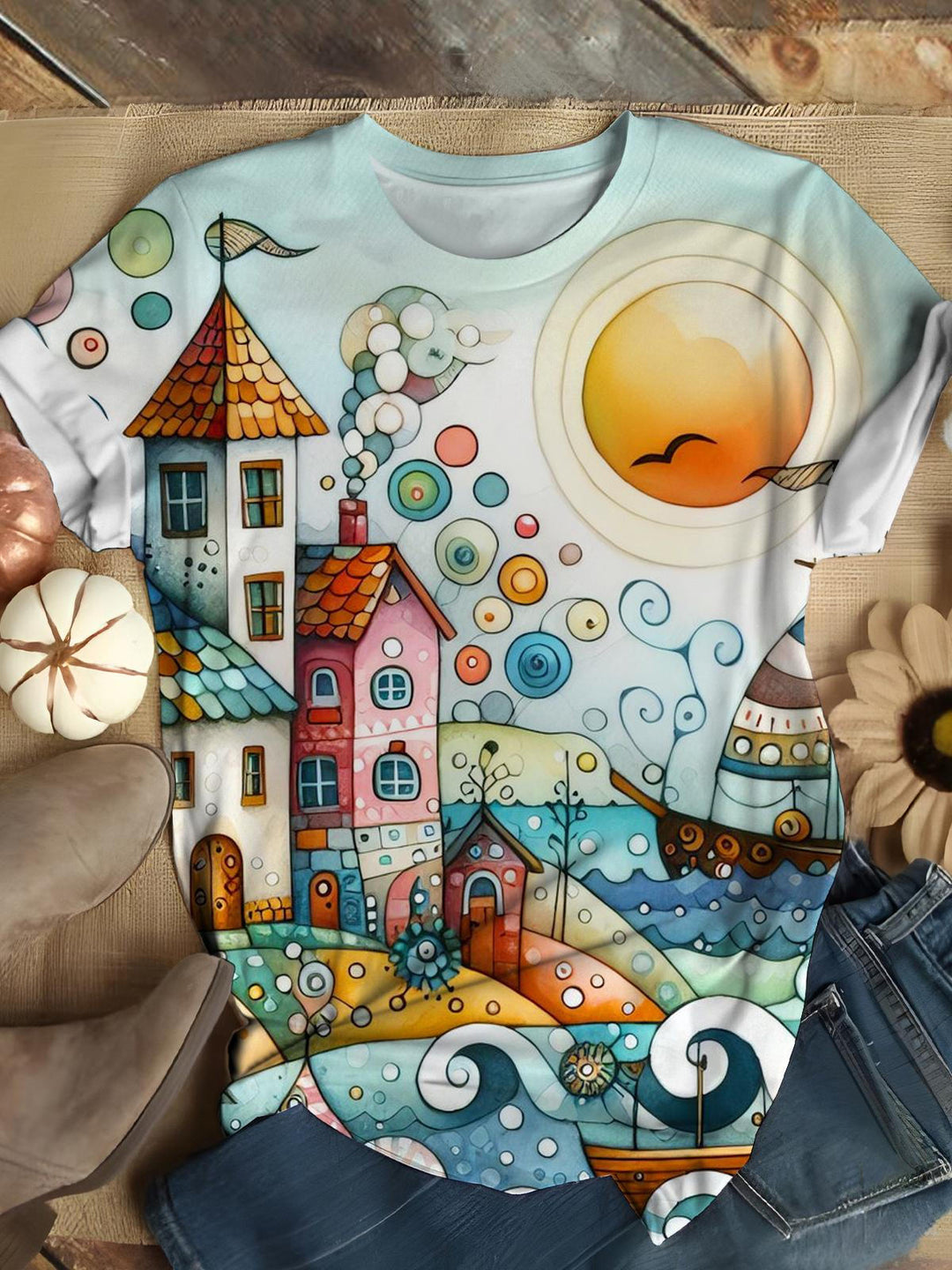 Seascape Lllustration Crew Neck T-shirt