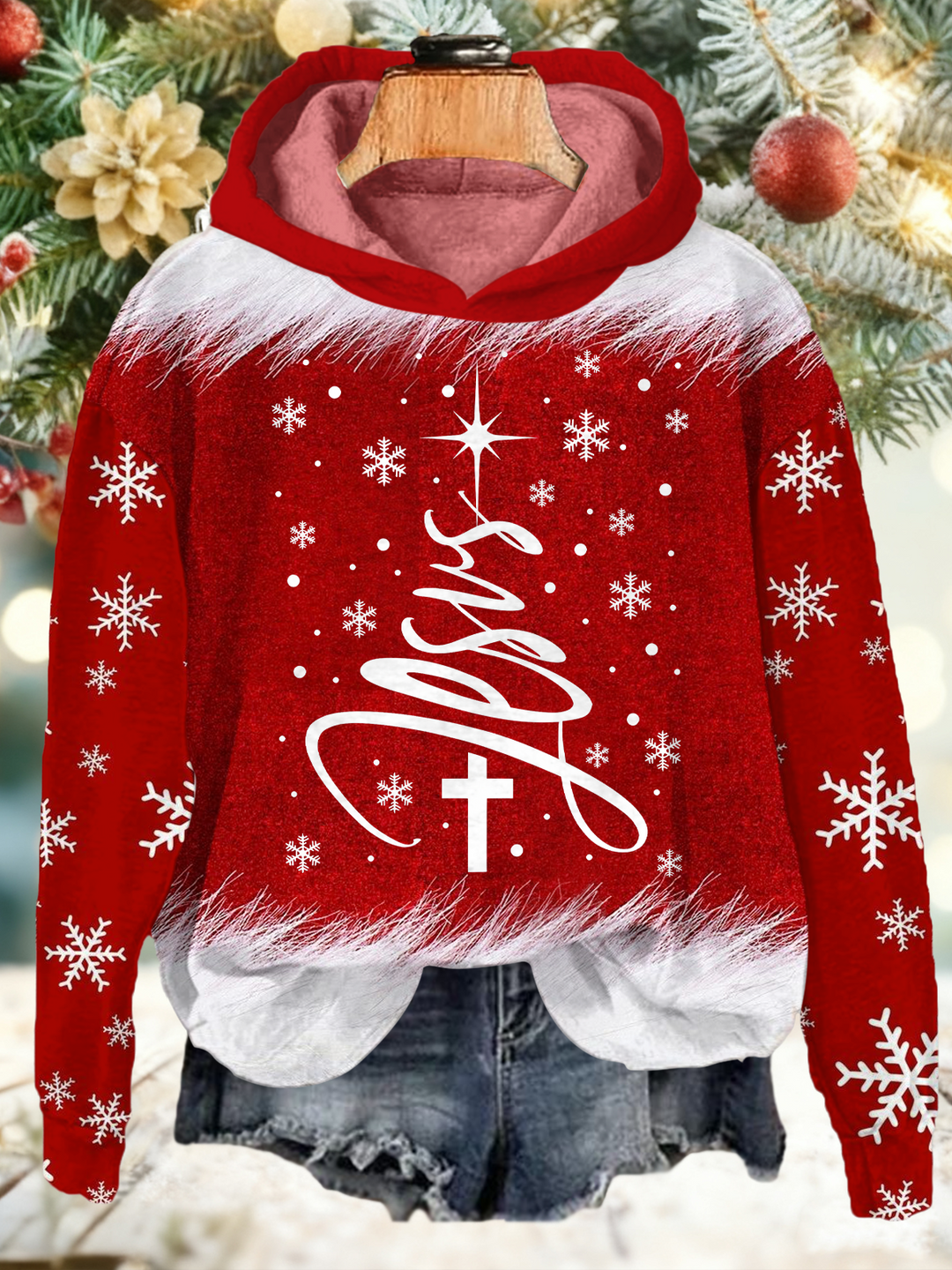 Jesus Christmas Tree Long Sleeve Printed Hoodie