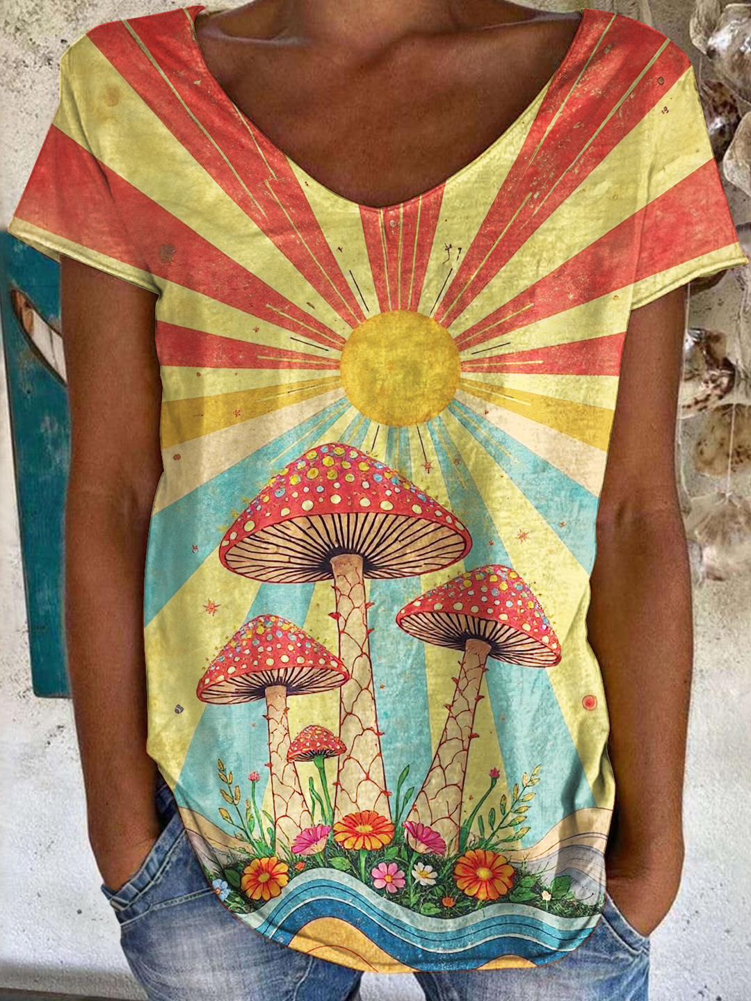 Vintage Hippie Mushroom Art Ladies V Neck Tops