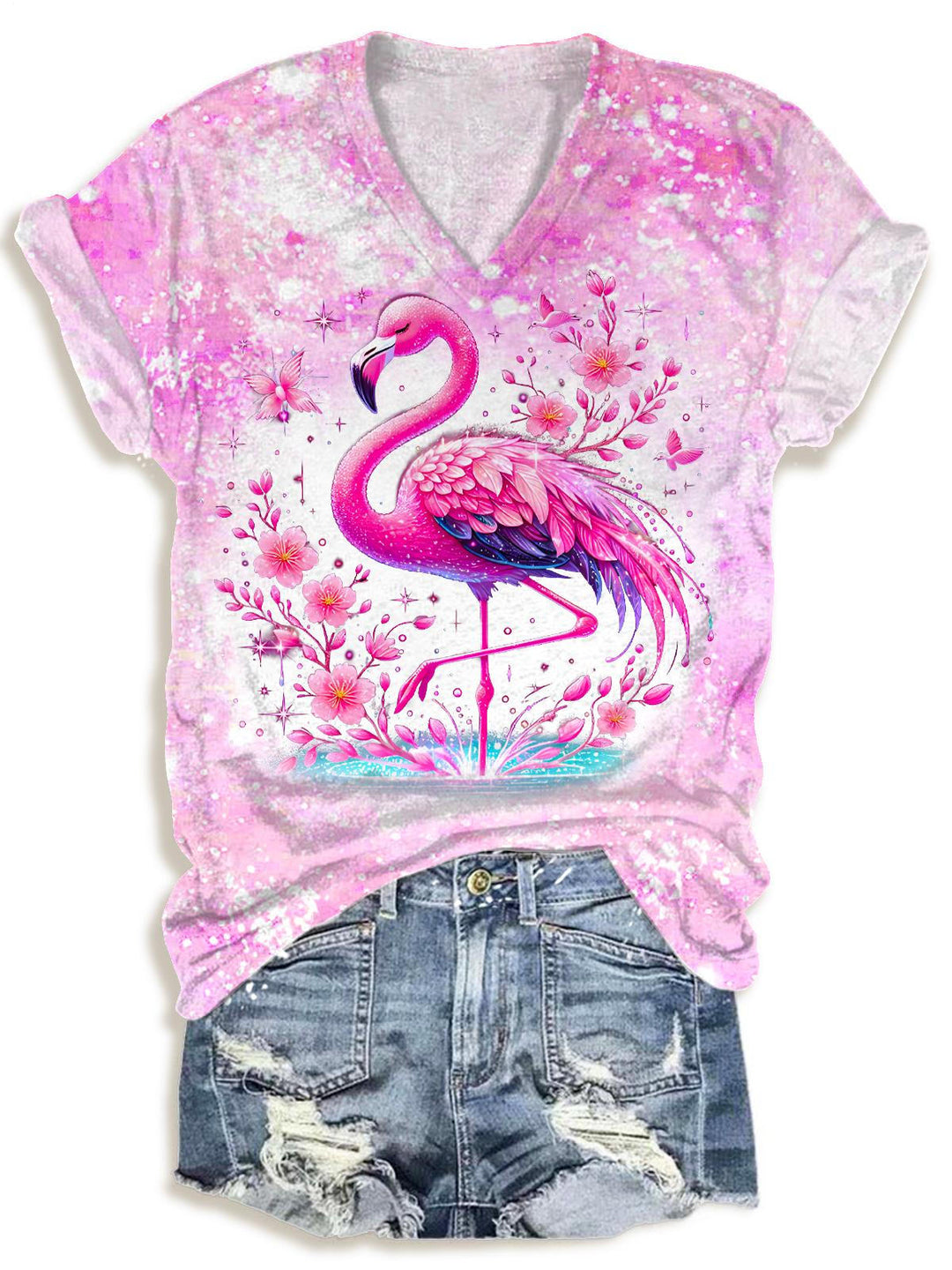 Cute Flamingo Print V-neck T-Shirt