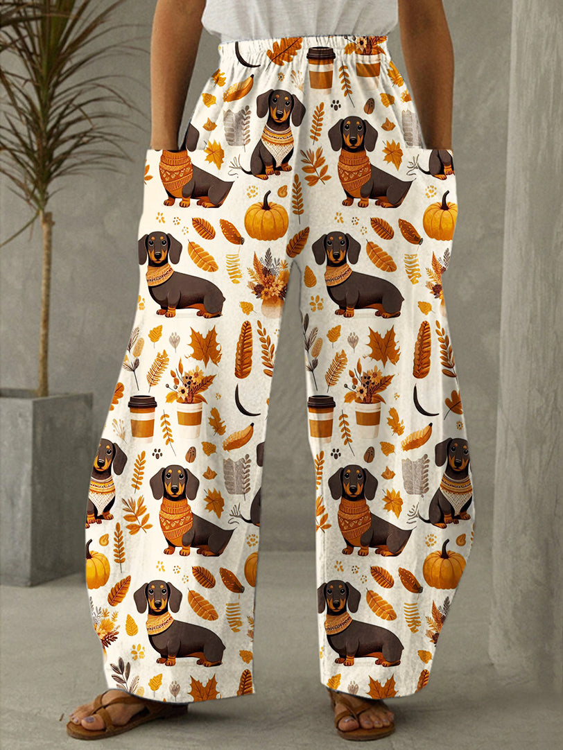 Fall Dachshund Print Casual Pants