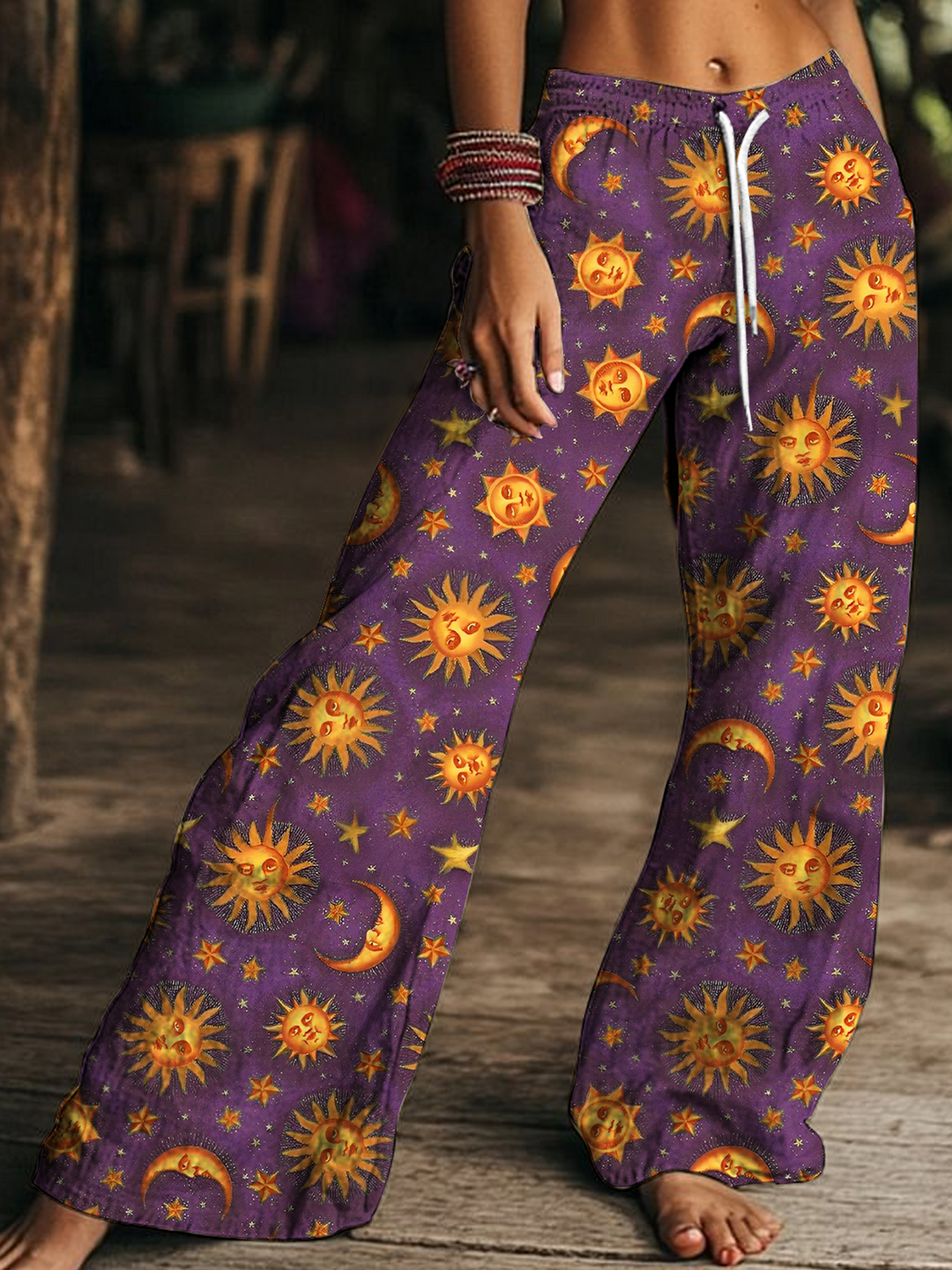 Retro Hippie Sun and Moon Art Women's Drawstring Wide-Leg Pants