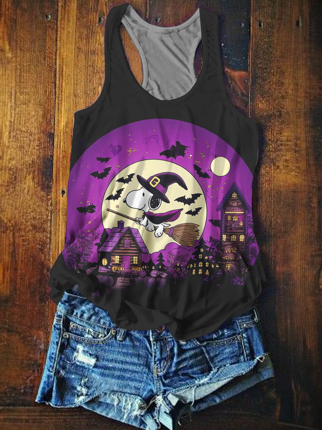 Funny Flying Witch Snoopy Printed Casual Tank Top