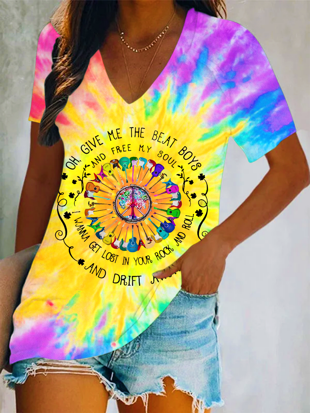 Hippie soul Guitar Short Sleeve V Neck Print Top