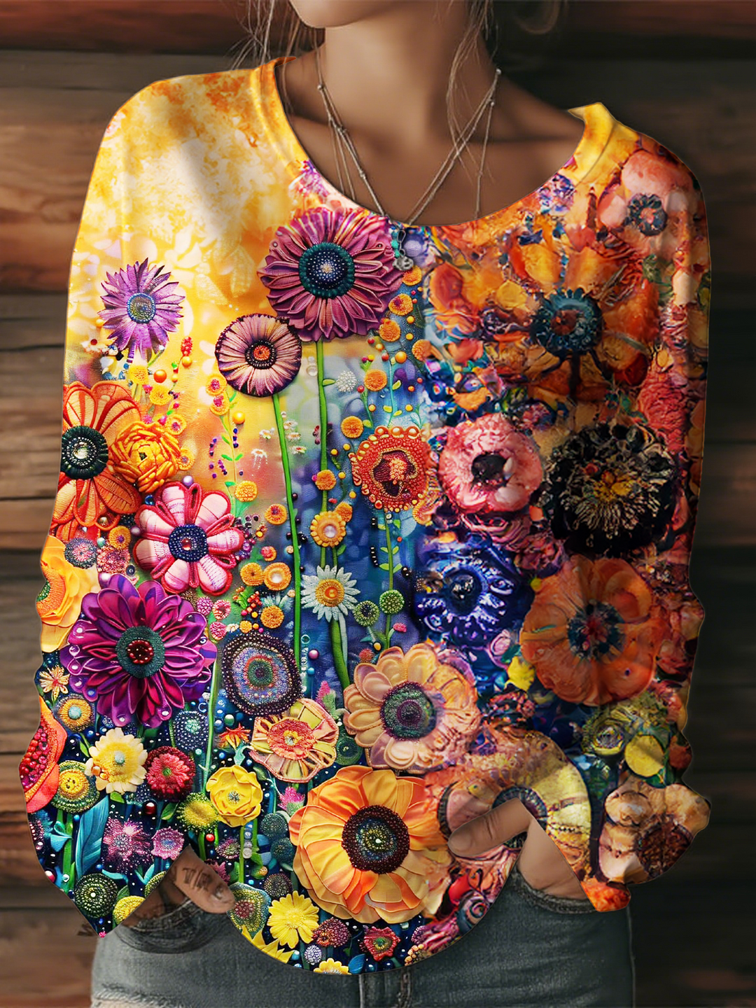 Vintage Hippie Flower Art Women's Round Neck Long Sleeve T-shirt