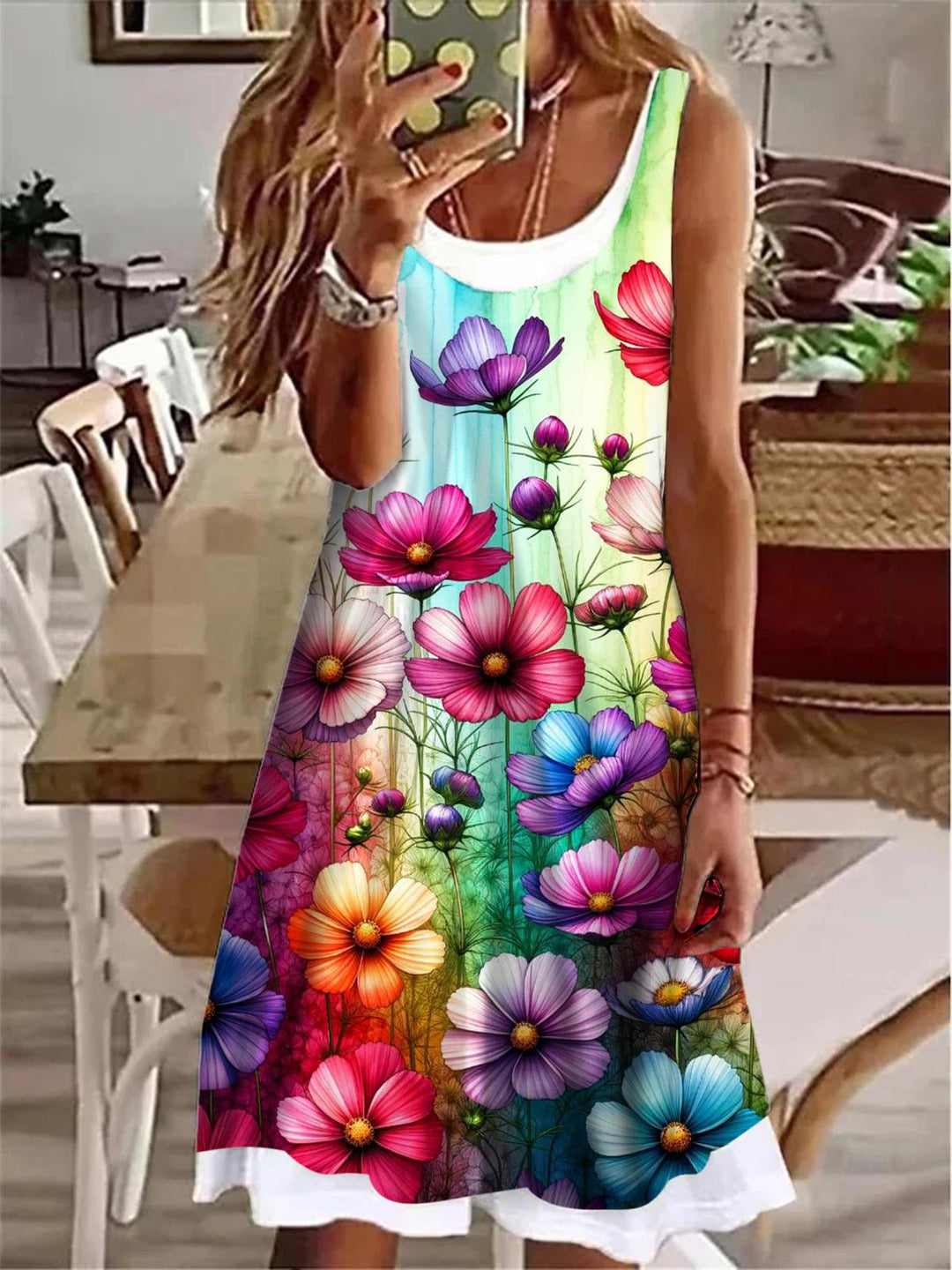 Rainbow Cherry Floral Ladies False Two Dress
