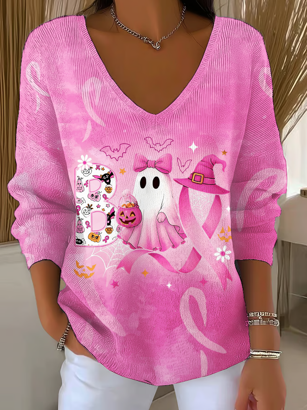 Boo Halloween Pumpkin Casual V Neck Pullover Sweater