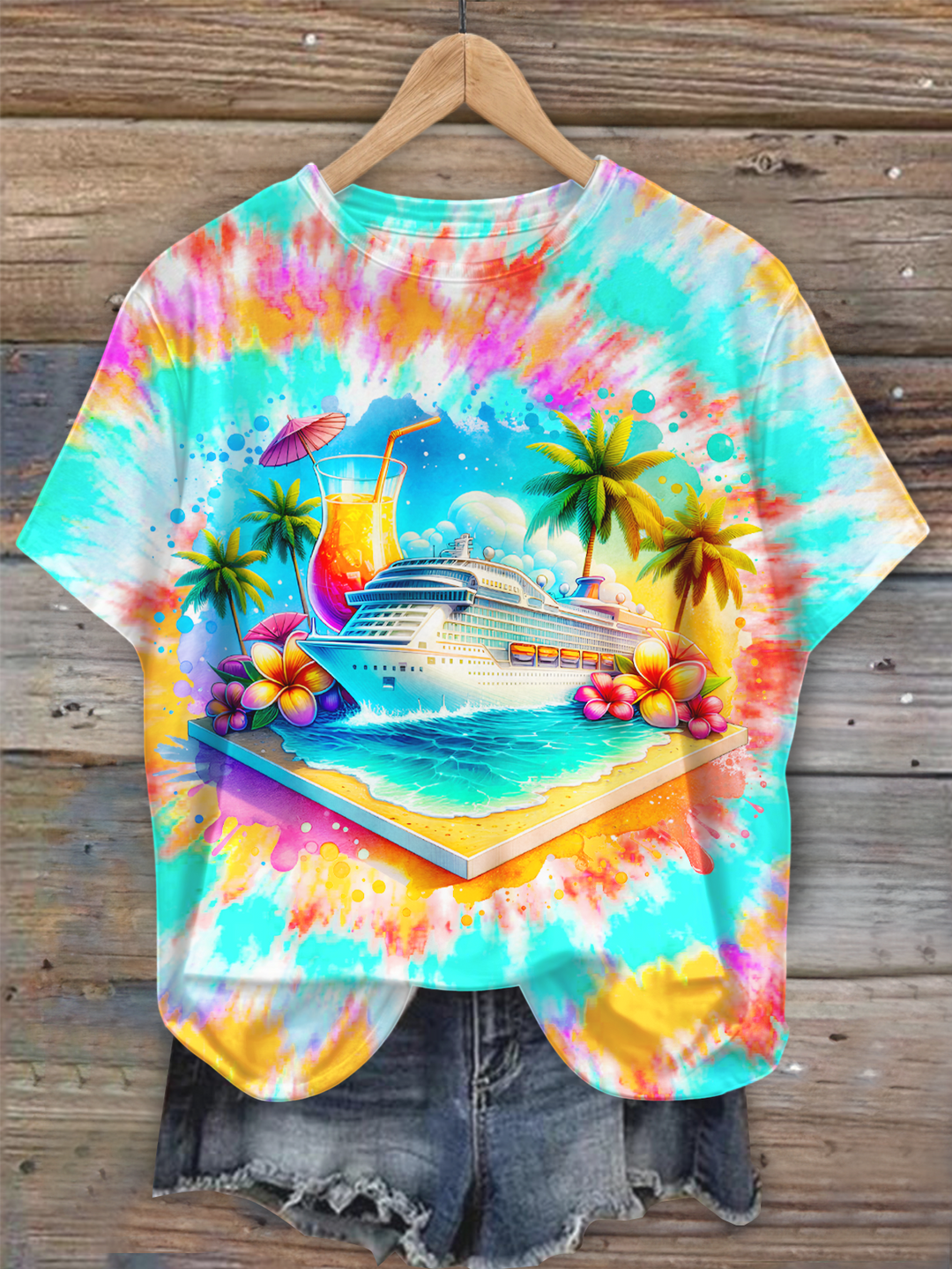Tie-dye Cruise Watercolor Art Crew Neck T-shirt
