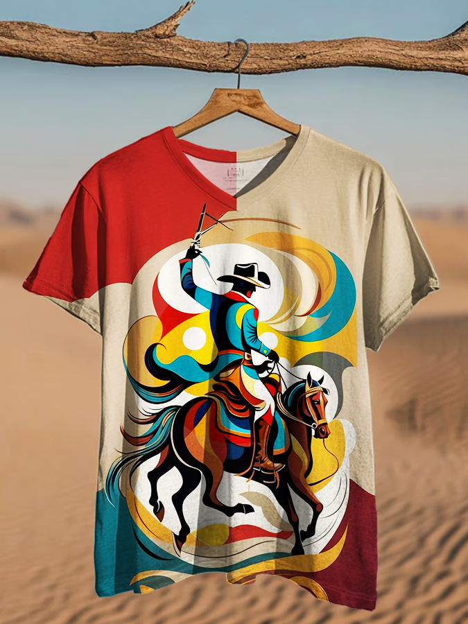 Vintage Western Cowboy Horse Art Crew Neck T-shirt