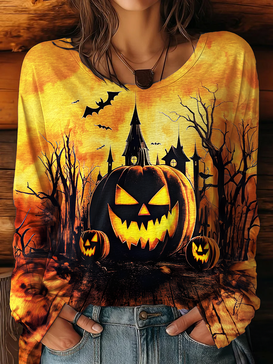 Women's Retro Halloween Pumpkin Classic Round Neck Long Sleeve T-shirt