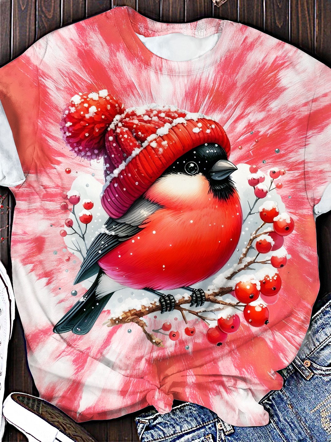 Tie-Dye Winter Cardinal Bird Crew Neck T-shirt