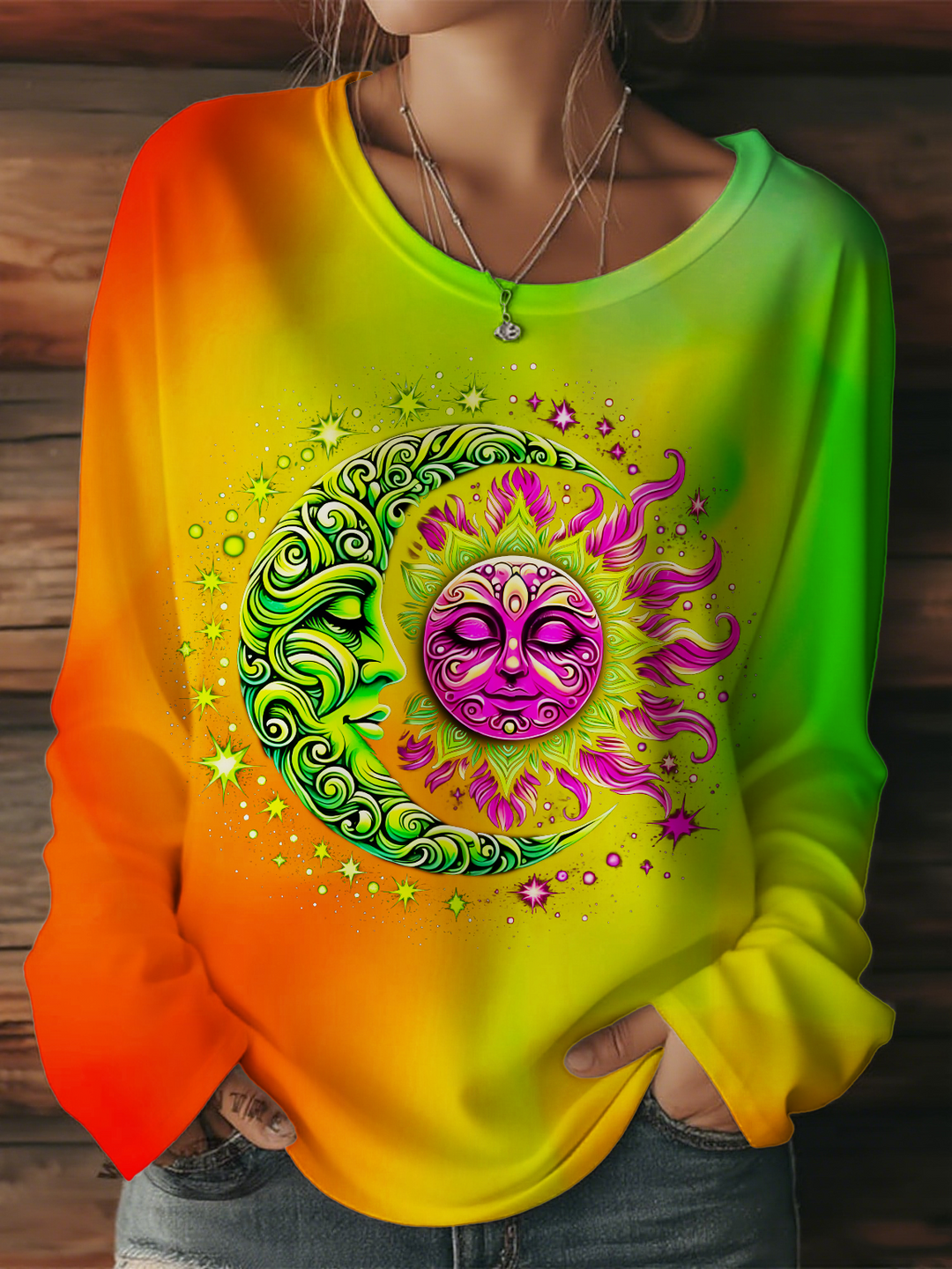 Colorful Hippie Sun and Moon Art Women's Round Neck Long Sleeve T-shirt