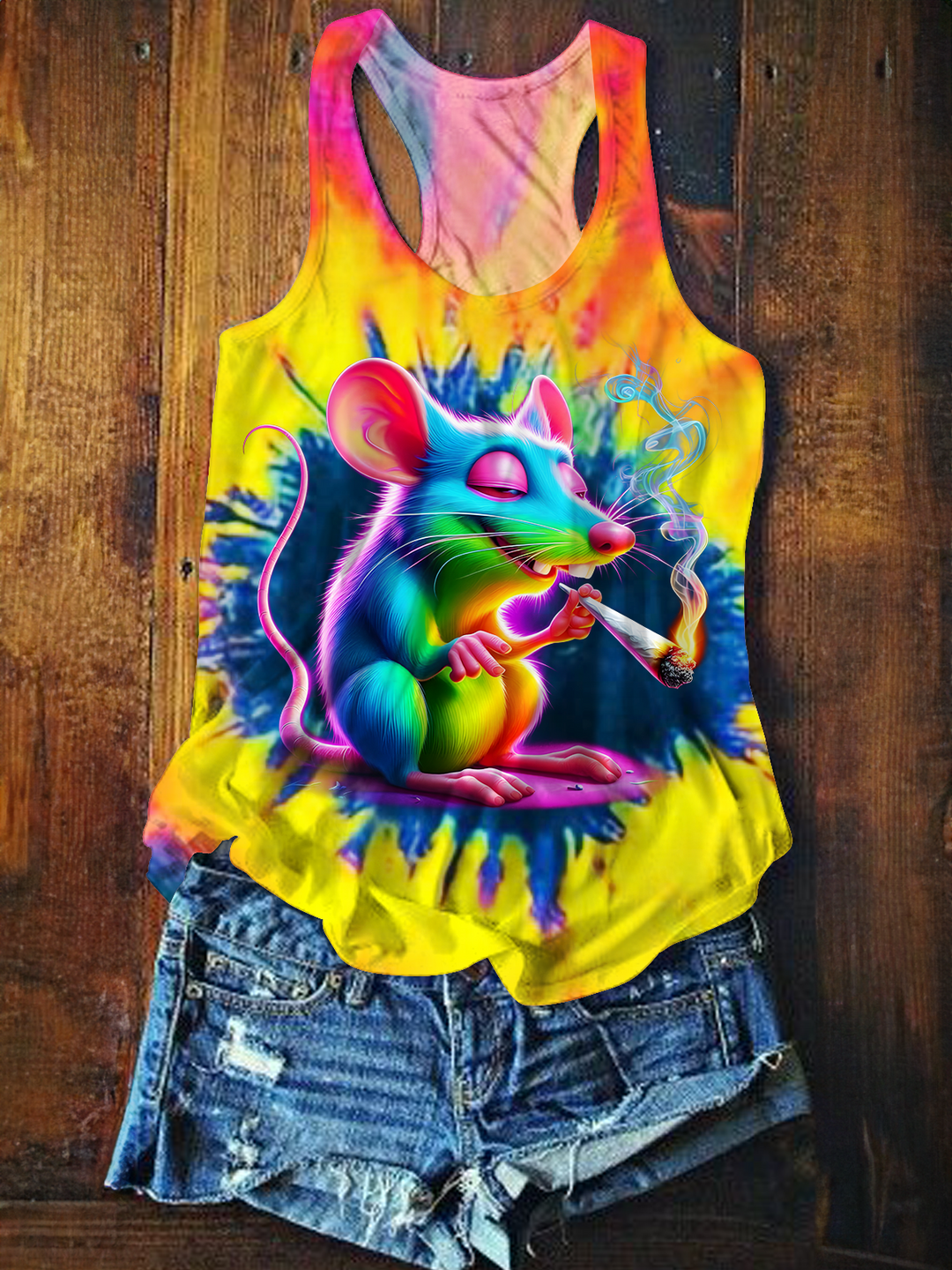Tie-Dye Hippie Funny Mouse Printed Casual Tank Top