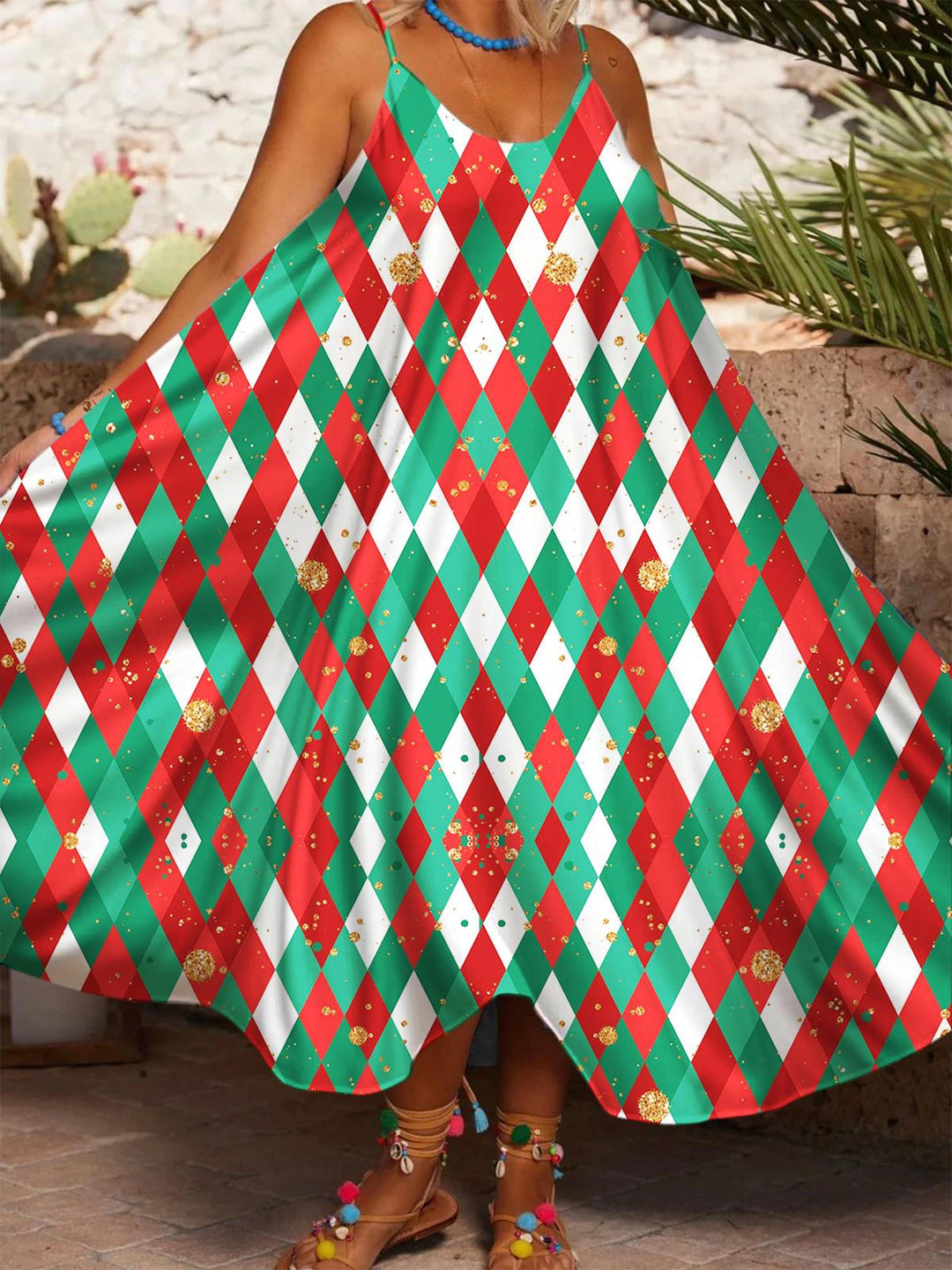 Women's Christmas Vintage Print Casual Spaghetti Strap Dress