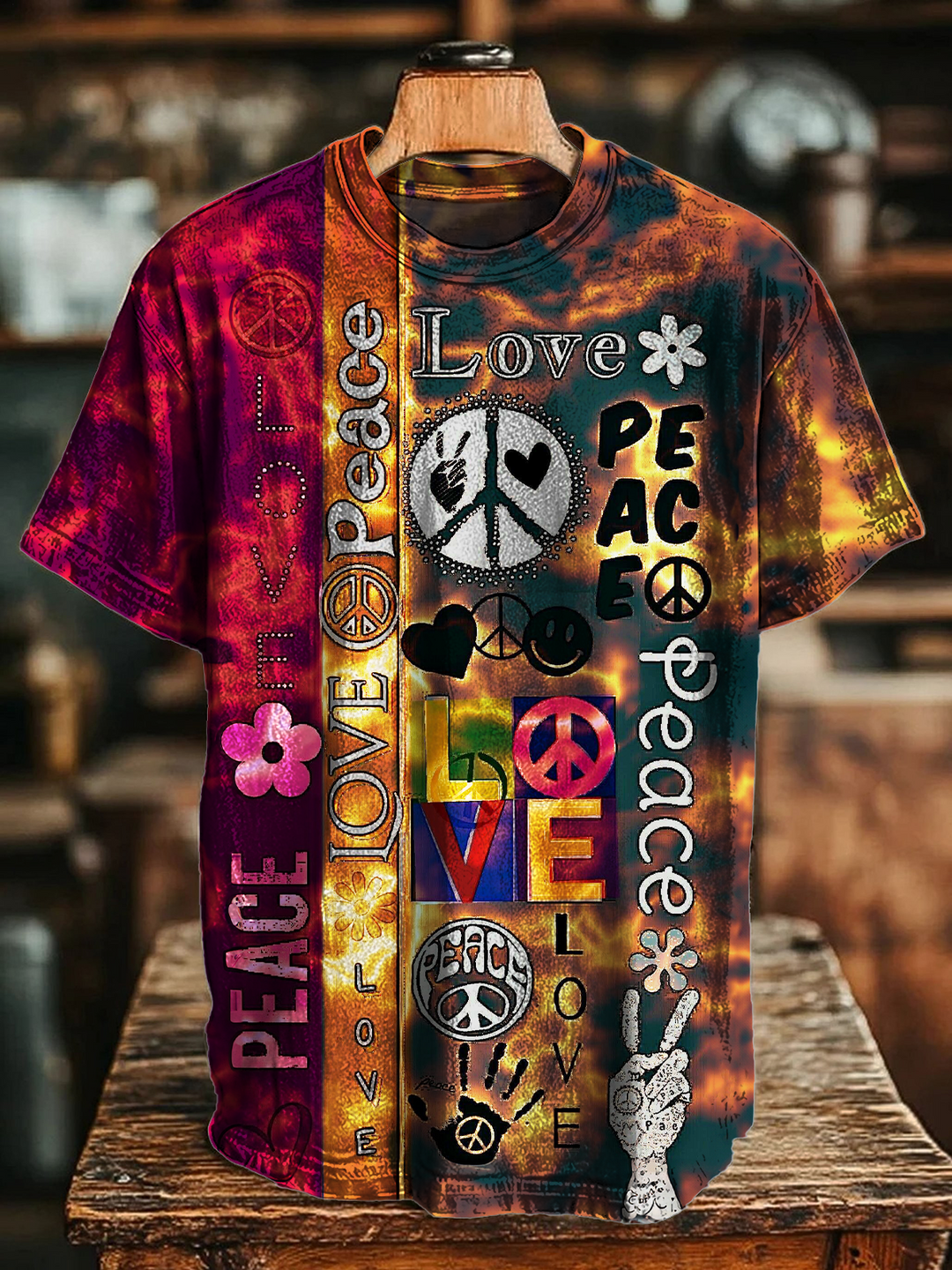 Vintage Hippie Love and Peace Collage Art Crew Neck T-shirt