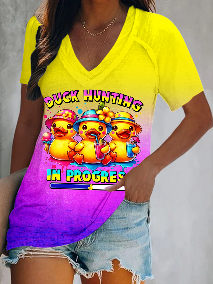 Cruise Duck Hunting In Porgress Short Sleeve V Neck Print Top