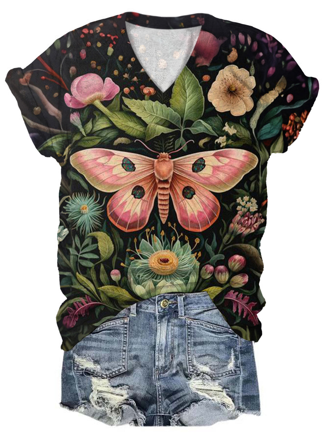 Floral Pink Moth V-Neck T-Shirt