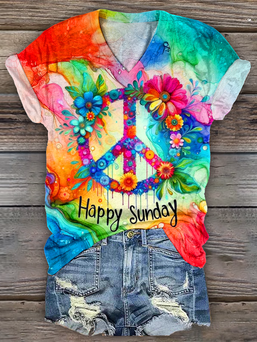 Watercolor Hippie Sunday Flowers Art V-neck T-Shirt