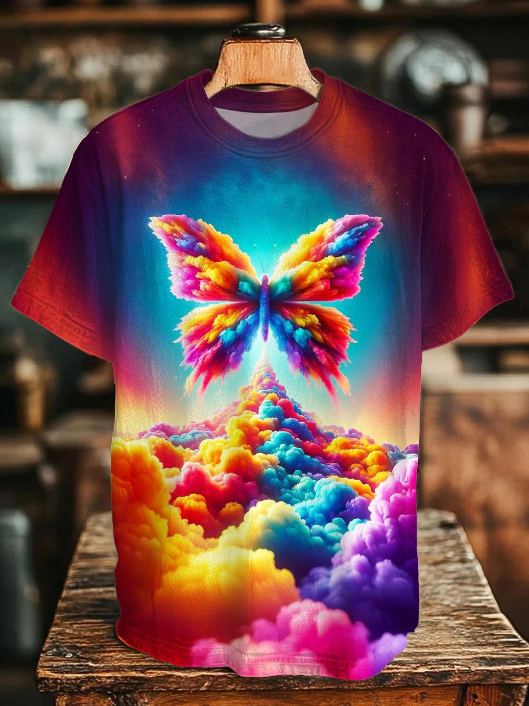 Hippies Colorful Butterfly Clouds Crew Neck T-shirt