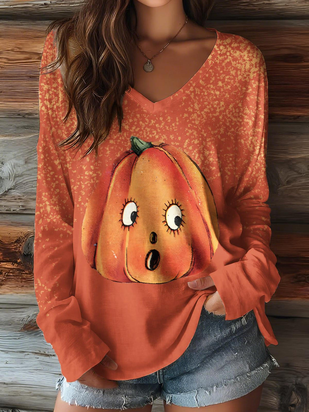 Autumn Cute Pumpkin Print V-neck Long Sleeve Top