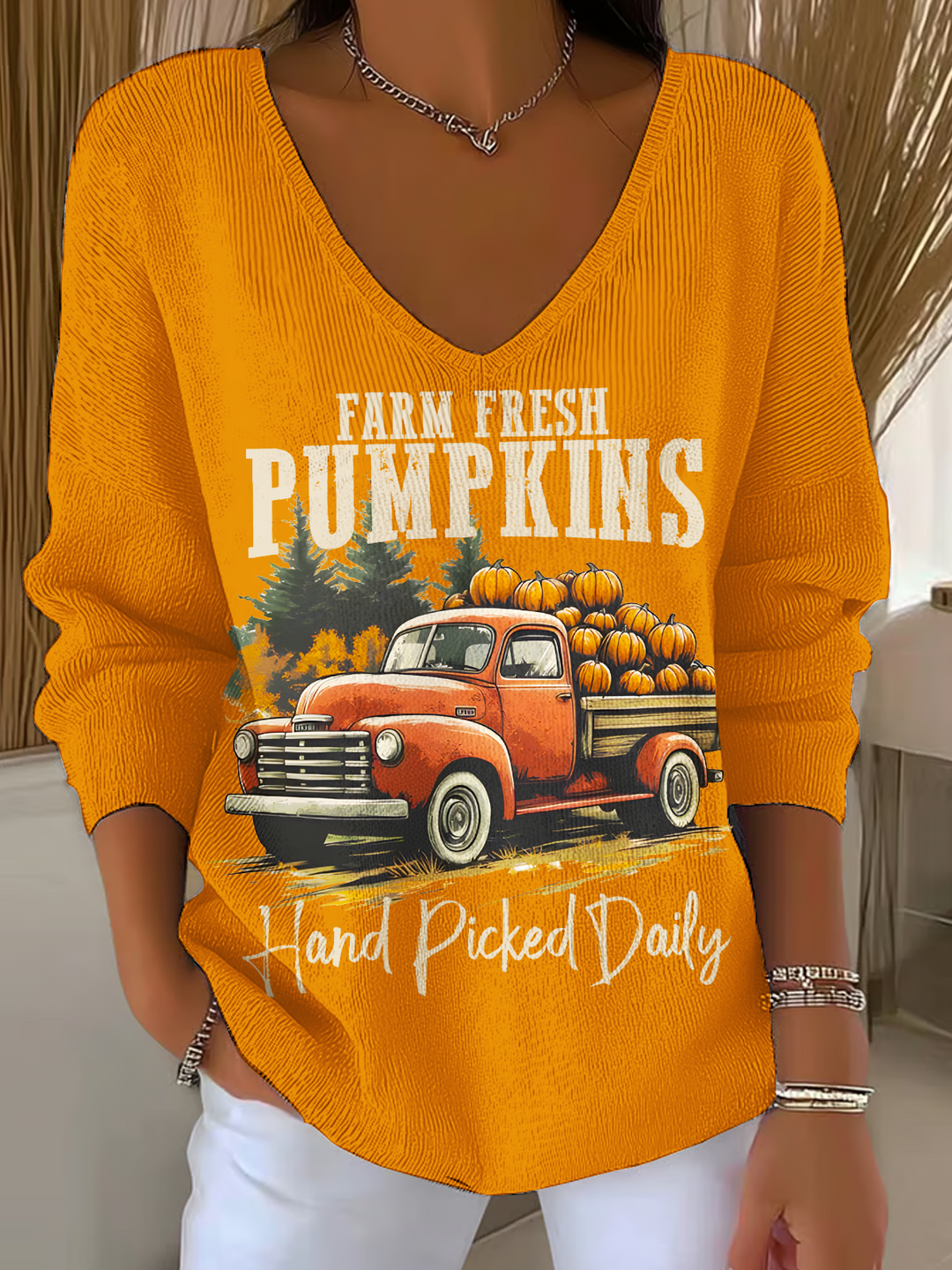 Farm Fresh Pumpkins Casual V Neck Pullover Sweater